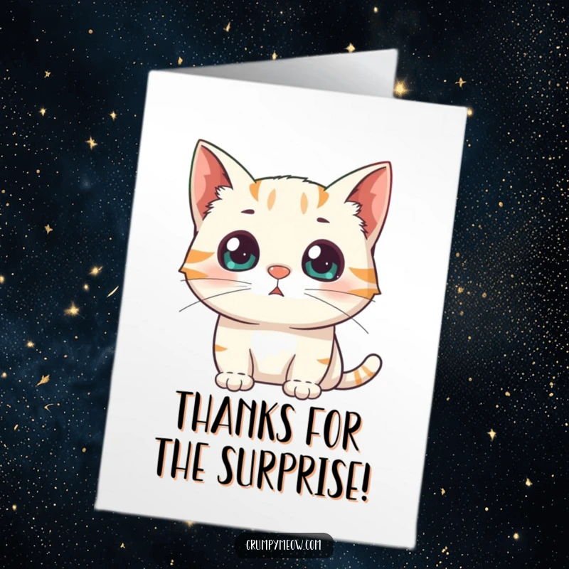 Funny Free Printable Thank You Card: A cat shows surprise with dilated pupils at an unexpected moment.