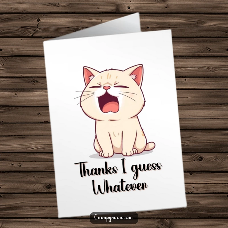 Funny Free Printable Thank You Card: Bored cat yawning dramatically, expressing thanks with utmost sarcasm and zero enthusiasm.