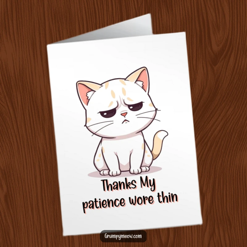 Funny Free Printable Thank You Card: Unimpressed cat flicking its tail, expressing thanks with obvious mild annoyance.