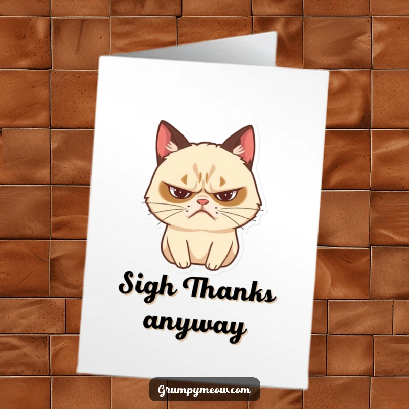Funny Free Printable Thank You Card where a grumpy cat frowns and sighs dramatically, conveying a low-energy thank you.
