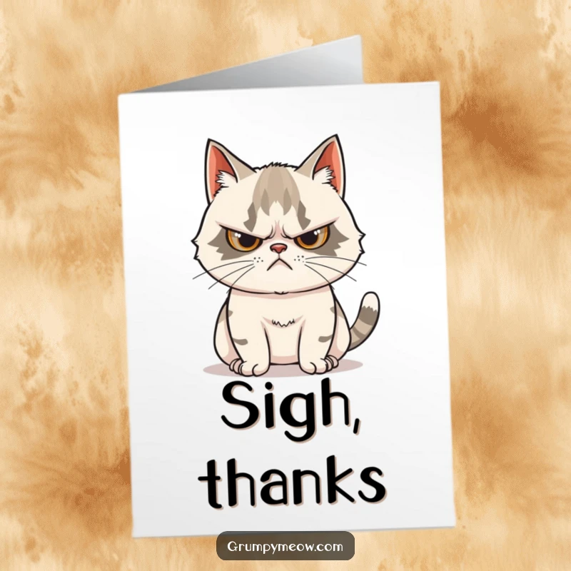 Funny Free Printable Thank You Card: Grumpy cat scowls, tail twitching with curiosity, while receiving thanks.