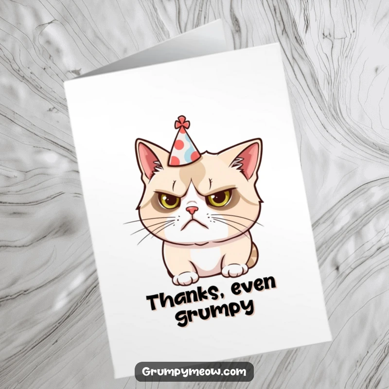 Funny Free Printable Thank You Card: Grumpy cat comically wearing a tiny party hat askew, a sarcastic DIY thank you.