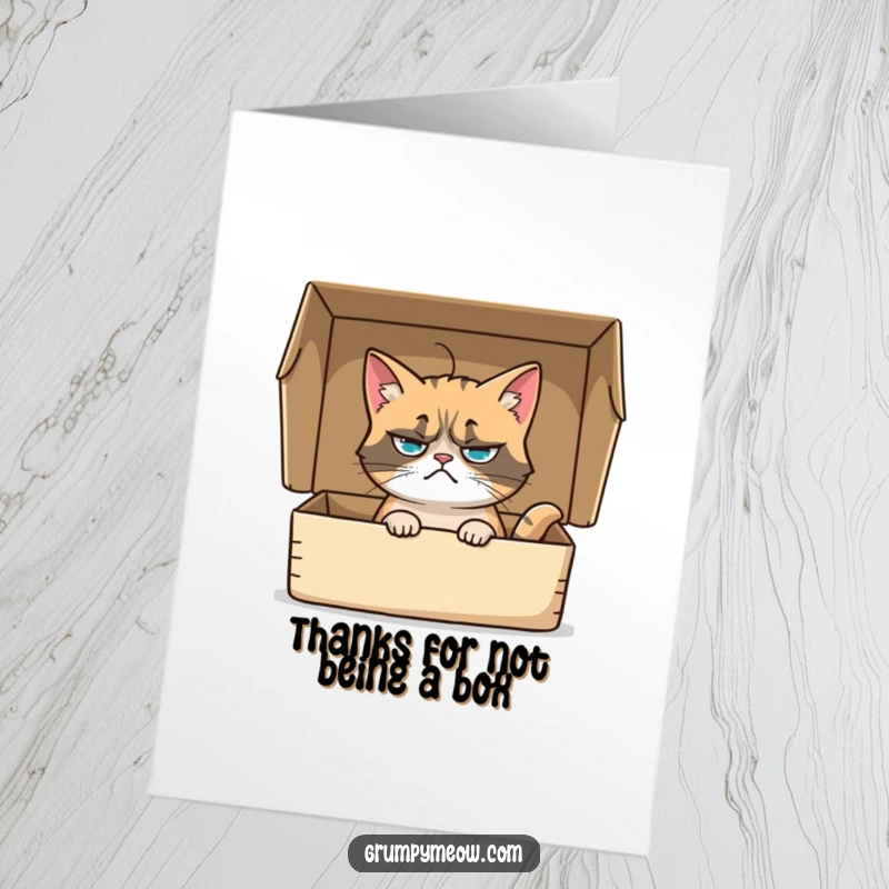 Funny Free Printable Thank You Card: Grumpy cat sits stoically in a box, offering a grudging thank you.