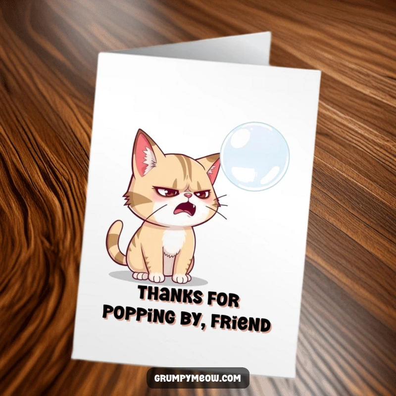 Funny Free Printable Thank You Card: Grumpy cat indignantly tries to swat a floating soap bubble.