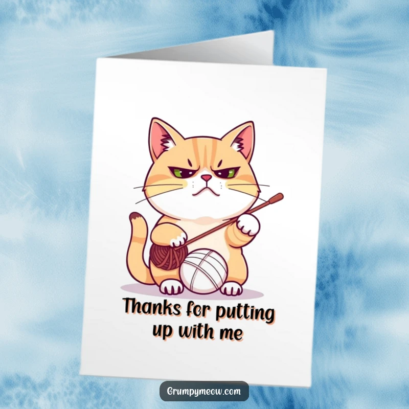 Funny Free Printable Thank You Card with a grumpy cat batting at a yarn ball, expressing thanks in the most delightfully unenthusiastic way.