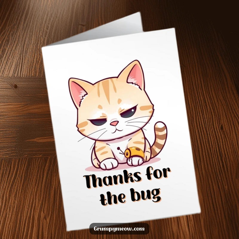 Funny Free Printable Thank You Card: Cat with narrowed, focused eyes observing a small insect, appreciating attention to detail.