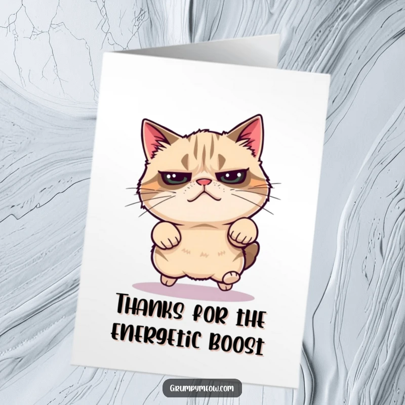 Funny Free Printable Thank You Card: Grumpy cat caught in a surprising, energetic jump.