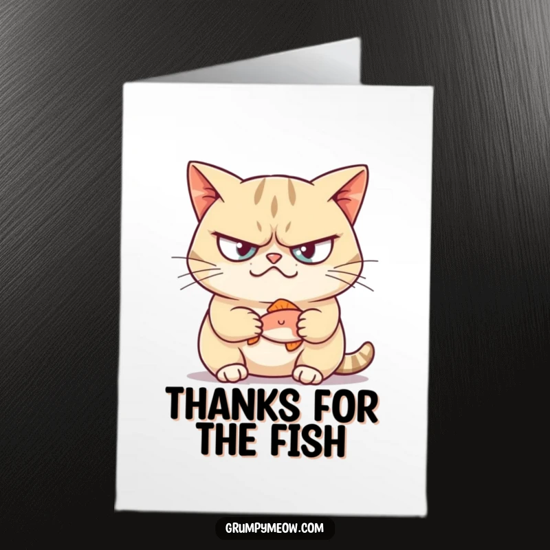 Funny free printable thank you card featuring a grumpy cat with a knowing smirk, holding up a tiny fish as a prize.