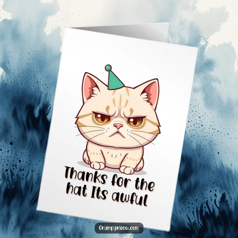 Funny Free Printable Thank You Card: A cat with a disgruntled frown is forced to wear a tiny, poorly fitting party hat, clearly unhappy.
