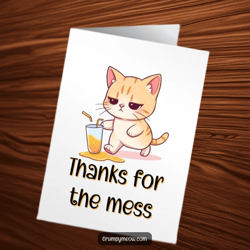 Funny Free Printable Thank You Card: Cat with a resigned expression leaving a spilled drink behind, a humorous way to say thanks for dealing with messes.