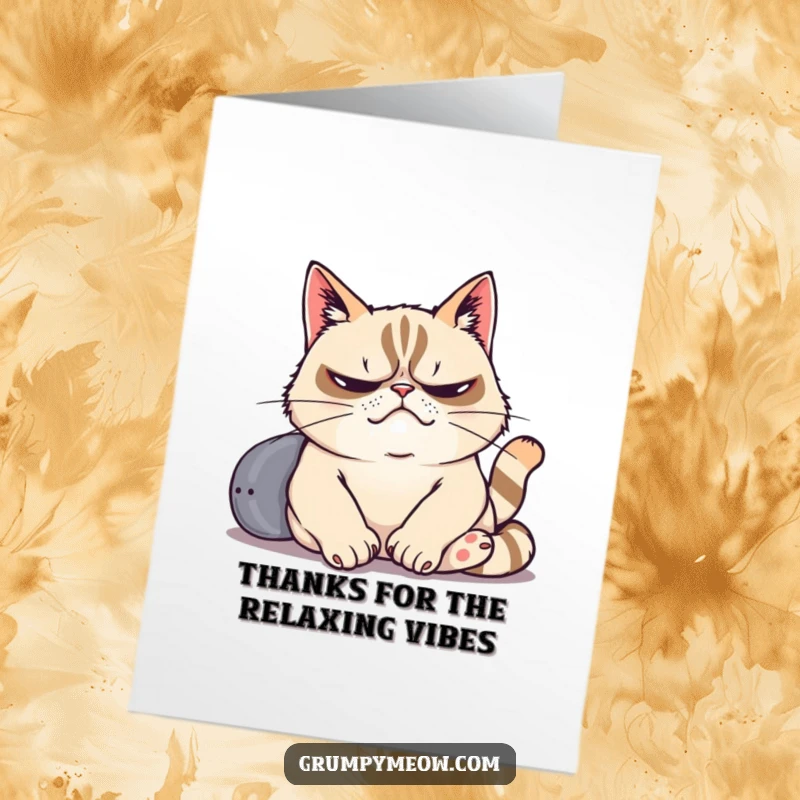 Funny Free Printable Thank You Card: A lazy, grumpy cat lets out a dramatic sigh while lounging, a unique thank you.