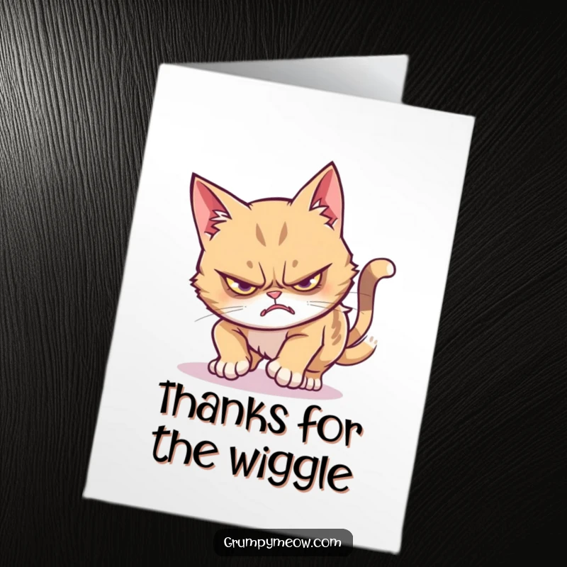 Funny Free Printable Thank You Card featuring a grumpy cat doing a sneaky wiggle pounce, expressing reluctant gratitude.