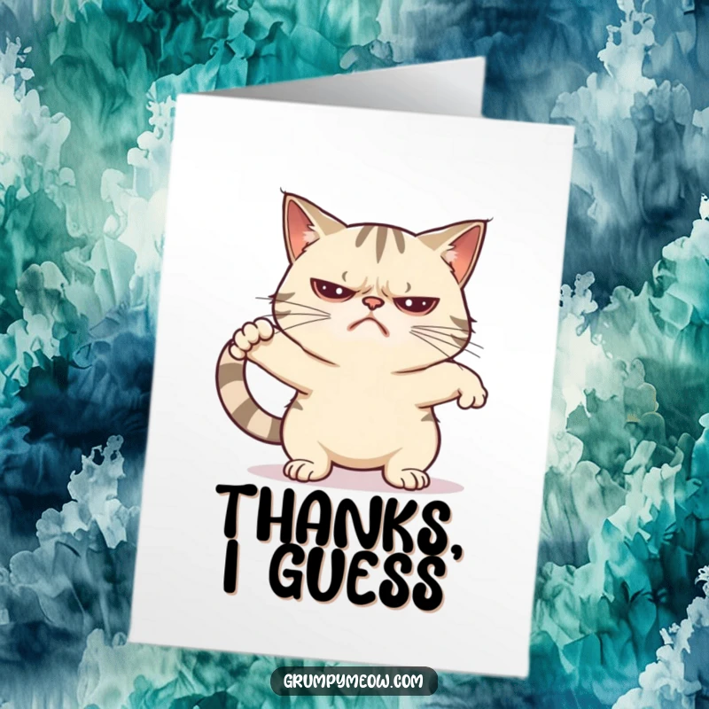 Funny Free Printable Thank You Card: Grumpy cat stretching slightly, communicating gratitude with minimal effort.