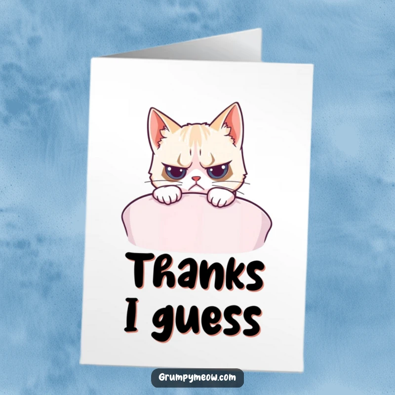 Funny Free Printable Thank You Card: Grumpy cat peeking over cushion, unimpressed.