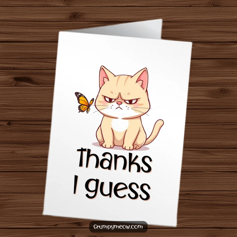 Funny free printable thank you card featuring a grumpy cat eyeing a butterfly with suspicion, a gift for cat lovers.