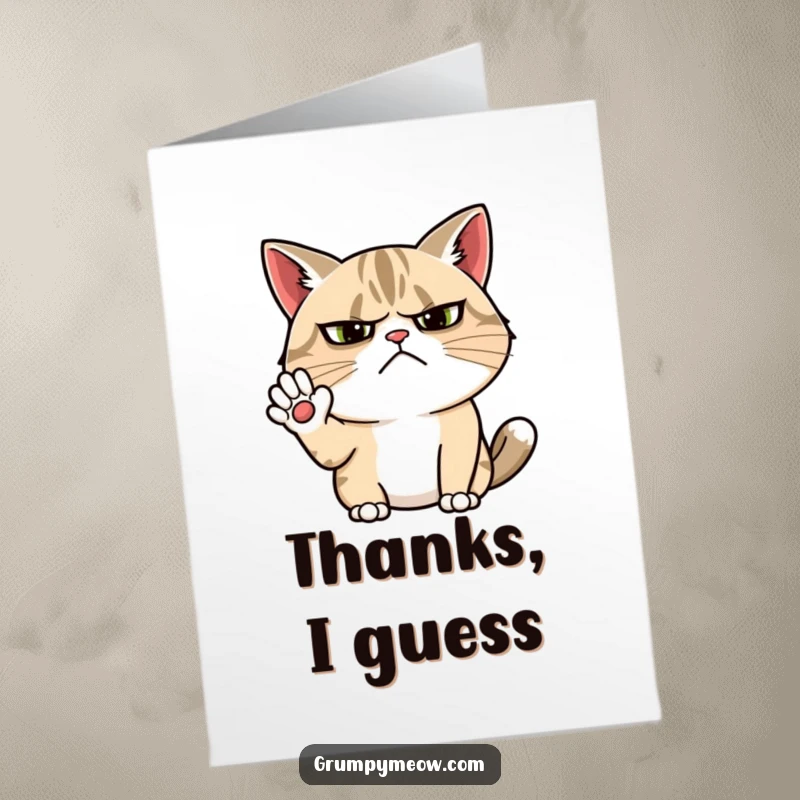 Funny Free Printable Thank You Card featuring a grumpy cat attempting a wave, conveying thanks with a hilariously reluctant expression.