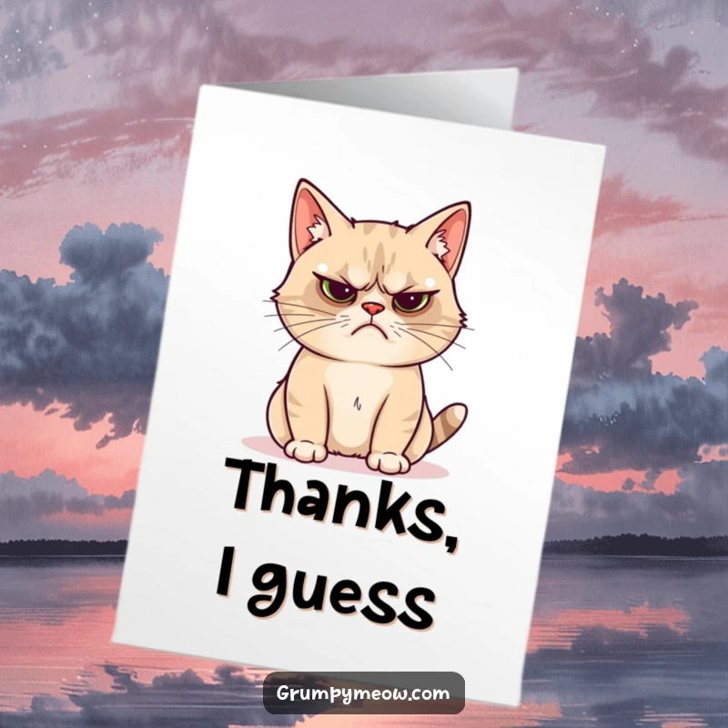 Funny Free Printable Thank You Card featuring a grumpy cat looking utterly unimpressed by a shiny object, a perfect ironic thank you.