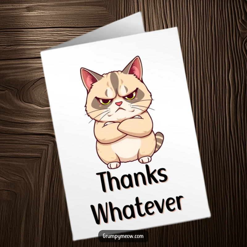 Funny Free Printable Thank You Card: Grumpy cat stands with arms crossed, looking unimpressed while reluctantly saying thanks.