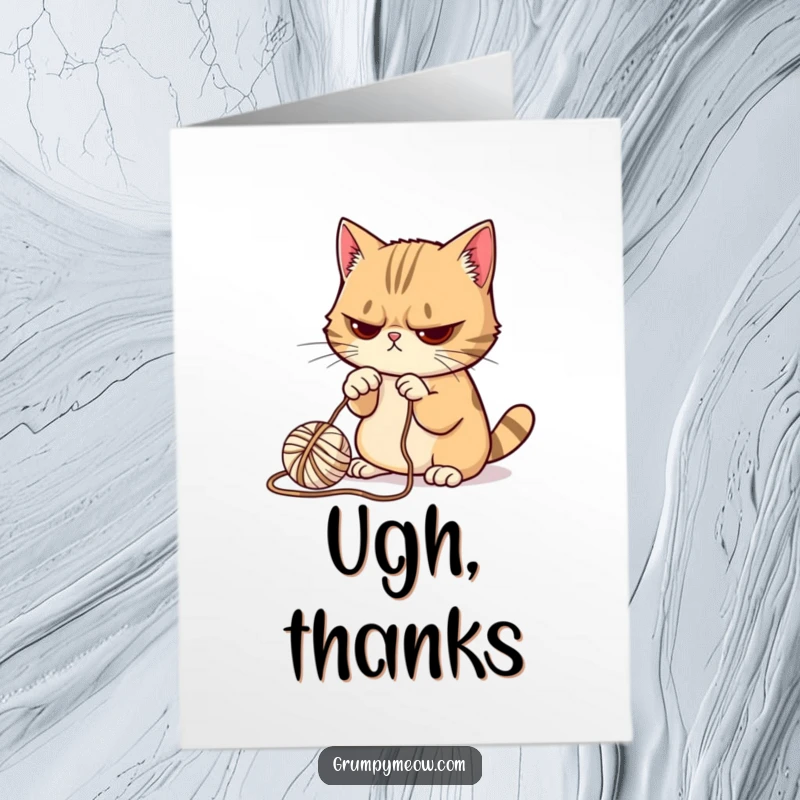 Funny Free Printable Thank You Card: A grumpy cat reluctantly bats at a small ball of yarn.