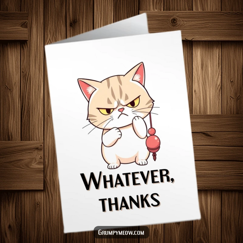 Funny Free Printable Grumpy Cat Thank You Card: Grumpy cat batting a toy with disdain, expressing thanks with attitude.