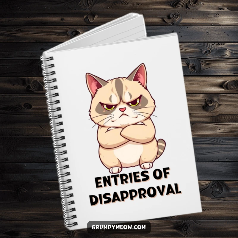 Funny notebook with a grumpy cat arms crossed, looking unimpressed, perfect for jotting down thoughts with humorous feline sass.