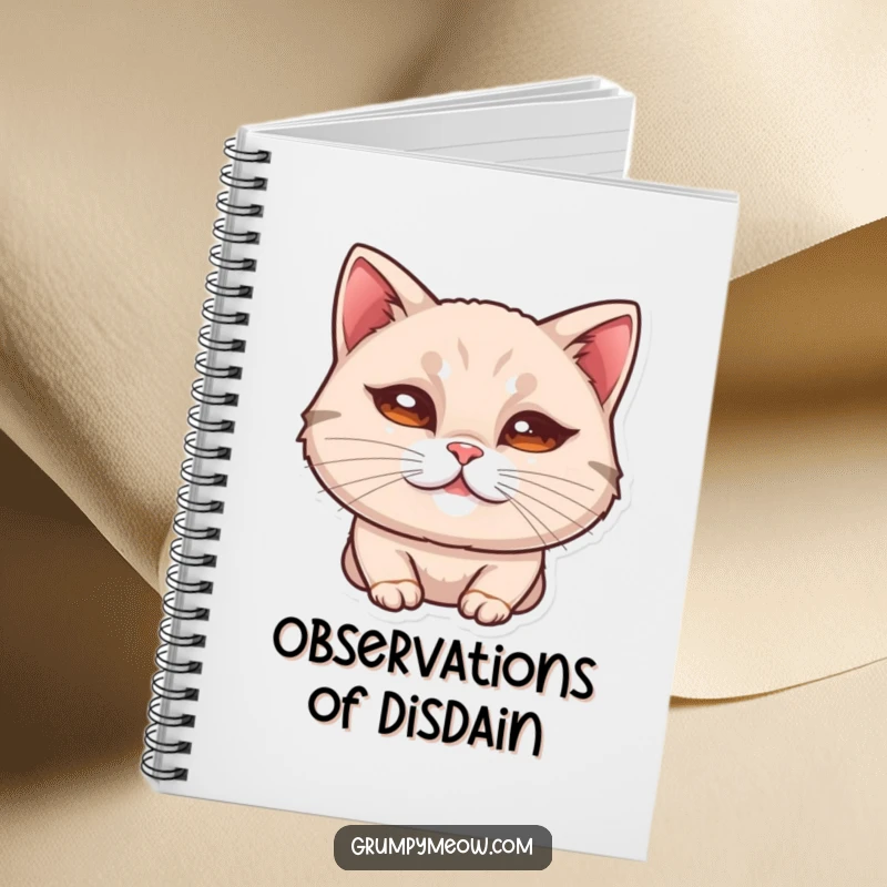 Funny notebook with a cat's curled lip, giving a subtle, unimpressed look with humorous note-taking.