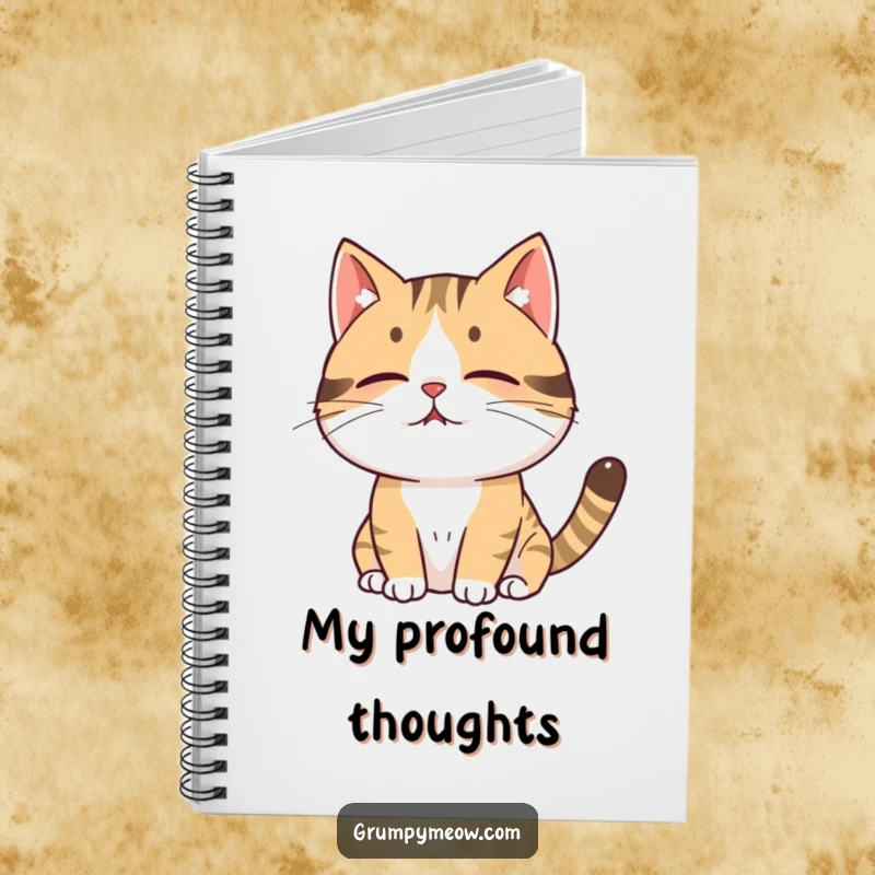 Funny cat notebook cover with a cat sighing deeply, exhaling a puff of air, symbolizing relatable moments and creative inspiration.