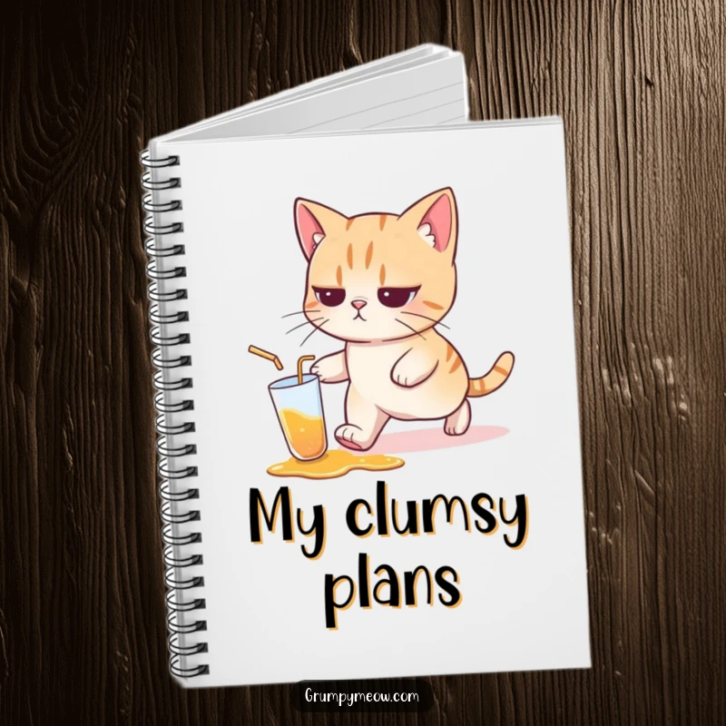 Funny cat notebook cover with a cat with a resigned expression, walking away from a spilled drink, symbolizing acceptance of chaos.