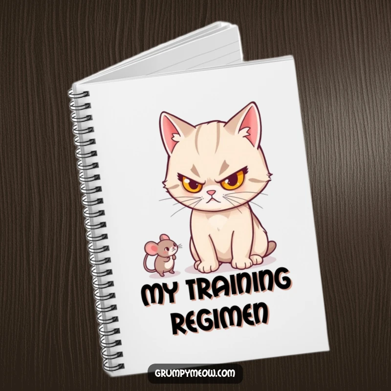 Funny cat notebook cover with a cat with a stern look, batting a small mouse toy, symbolizing focused play and determination.