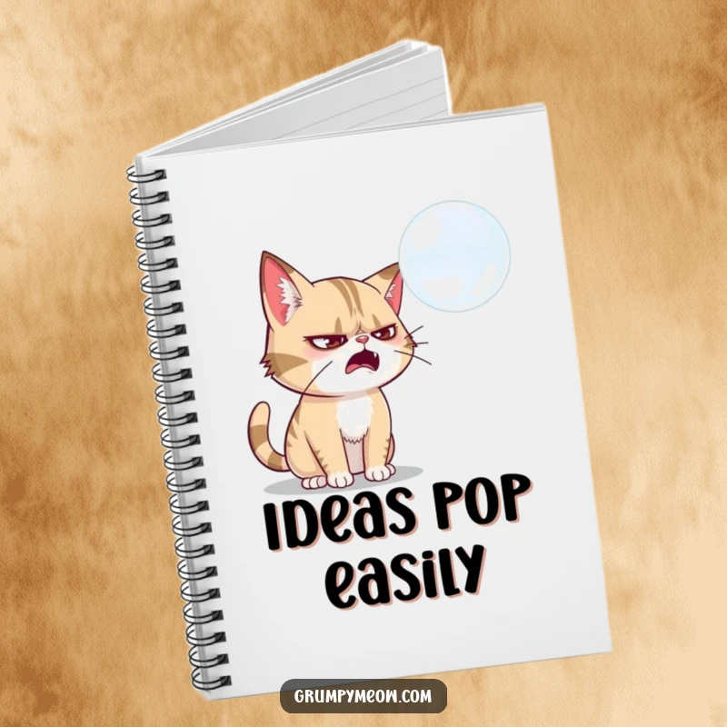 Funny grumpy cat notebook, mid-swat at a bubble, symbolizing ambitious goals, a perfect funny gift for note-takers.