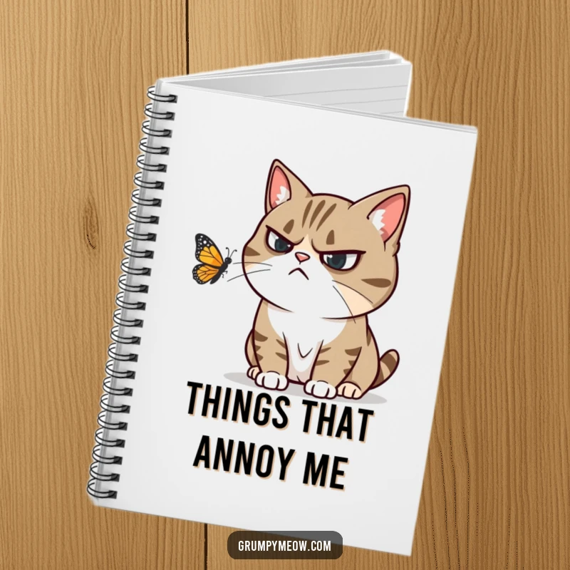 Funny notebook with a grumpy cat trying to ignore a playful butterfly, conveying humorous annoyance and note-taking.