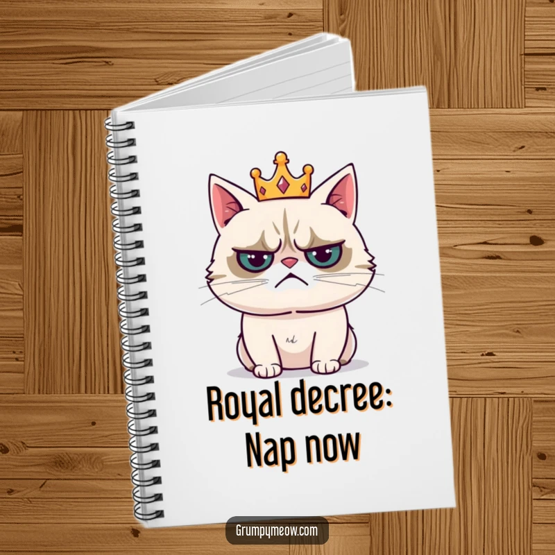 Funny notebook with a grumpy cat wearing a tiny crown and sighing resignedly, perfect for jotting down your royal plans.