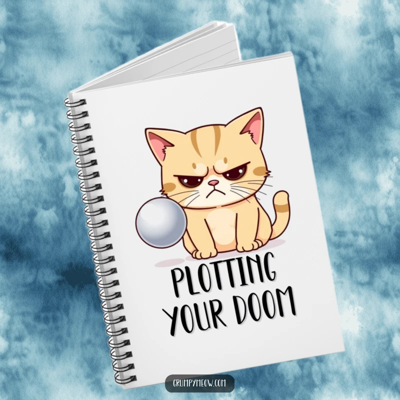 Funny notebook with a grumpy cat narrowing its eyes, staring disapprovingly at a shiny ball, for journaling humor.