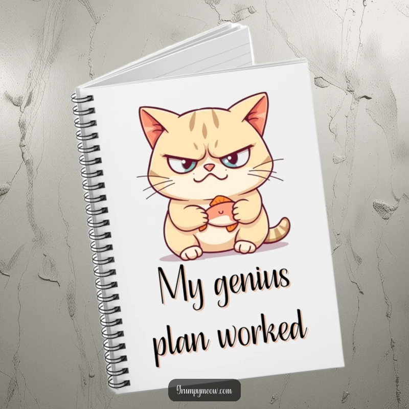 Funny notebook cover with a grumpy cat smirking and holding a tiny fish, encouraging witty notes.