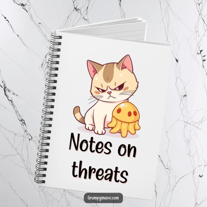 Funny notebook with a grumpy cat arching its back and hissing at a wobbling jelly, perfect for journaling.