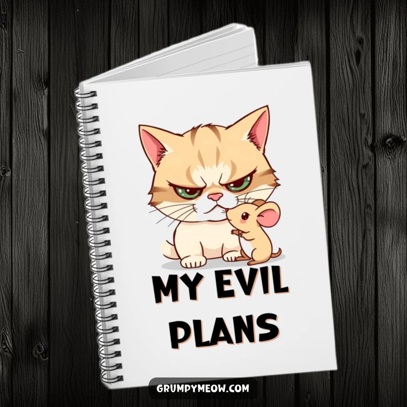 Funny notebook cover showing a grumpy cat curiously poking a trembling toy mouse, capturing its investigative spirit and sense of humor.