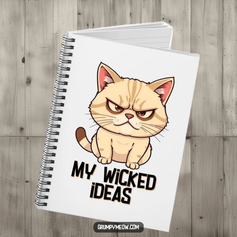 Funny notebook cover displaying a grumpy cat with narrowed eyes, focused on plotting mischief with a calculated and cunning expression.