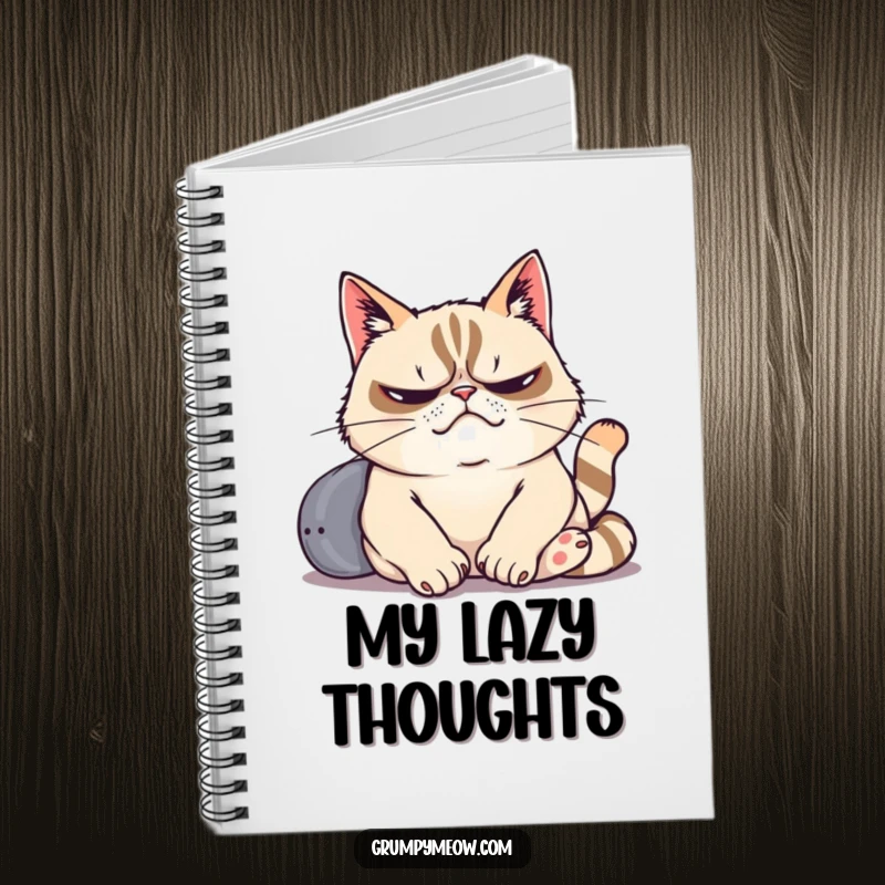 Funny notebook cover displaying a grumpy cat dramatically sighing while lounging lazily, embodying a humorous, relatable mood.