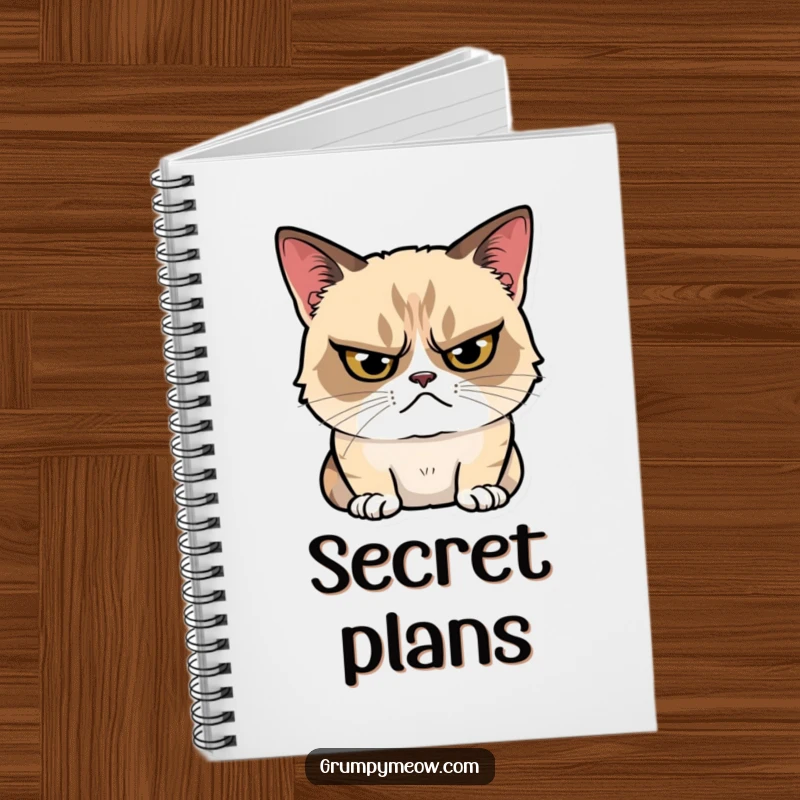 Funny Notebook cover featuring a grumpy cat glaring intensely, yet with a tiny, hidden smile, inspiring contemplative and humorous note-taking.