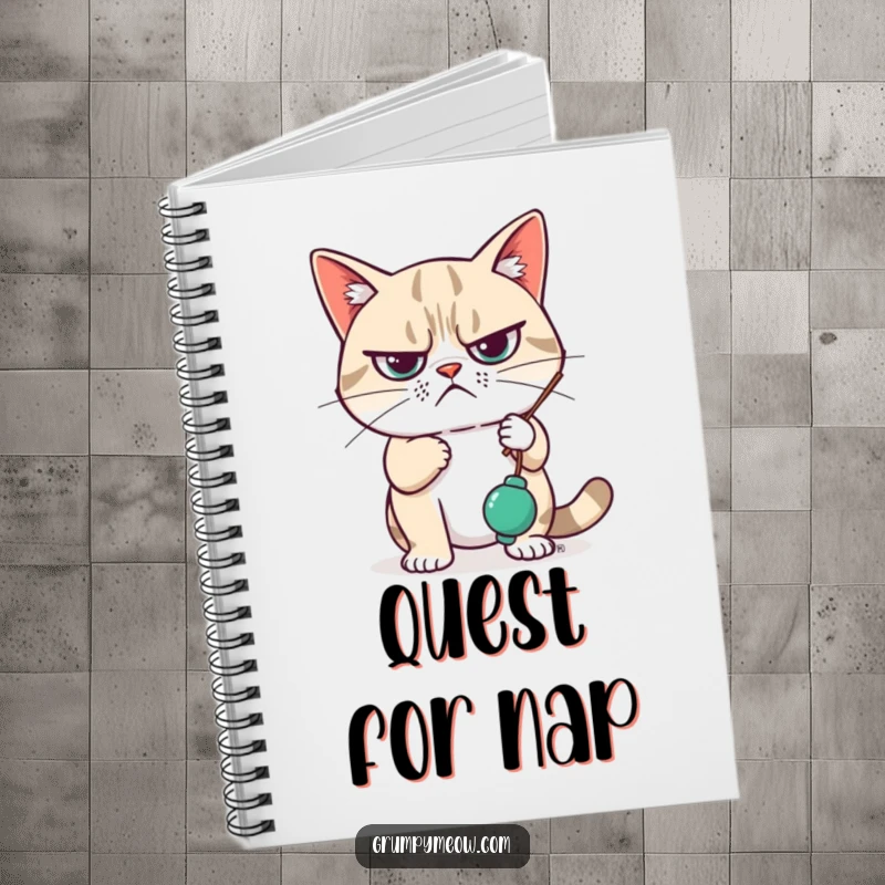 Funny Notebook cover featuring a grumpy cat looking unimpressed while swatting a dangling toy, inspiring contemplative and humorously indifferent note-taking.