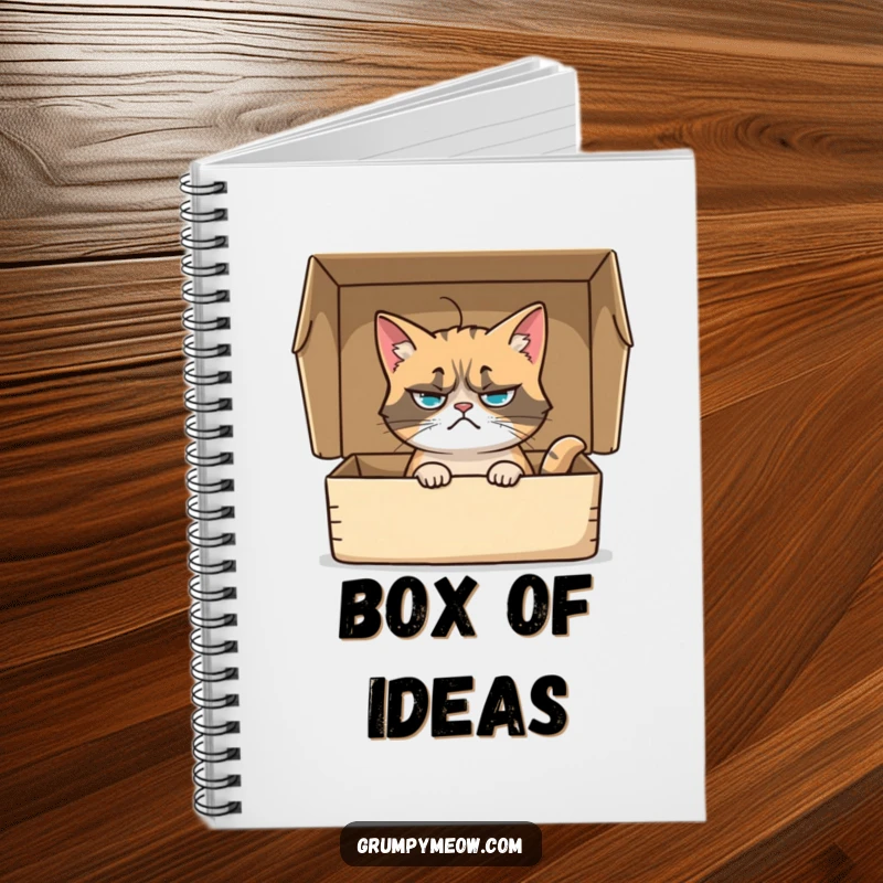 Funny notebook with a grumpy cat sitting inside a box, its whisker twitching curiously, perfect for jotting down notes with humor.