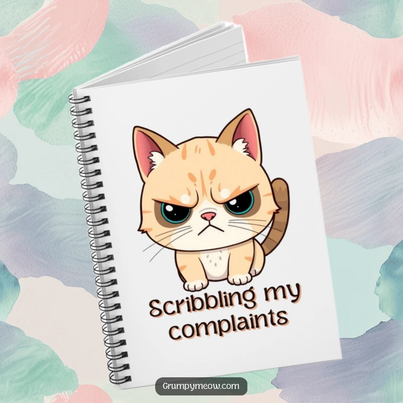 Funny notebook cover: A grumpy cat with a twitchy expression shows reluctant acceptance of a head scratch, adding humor to note-taking.