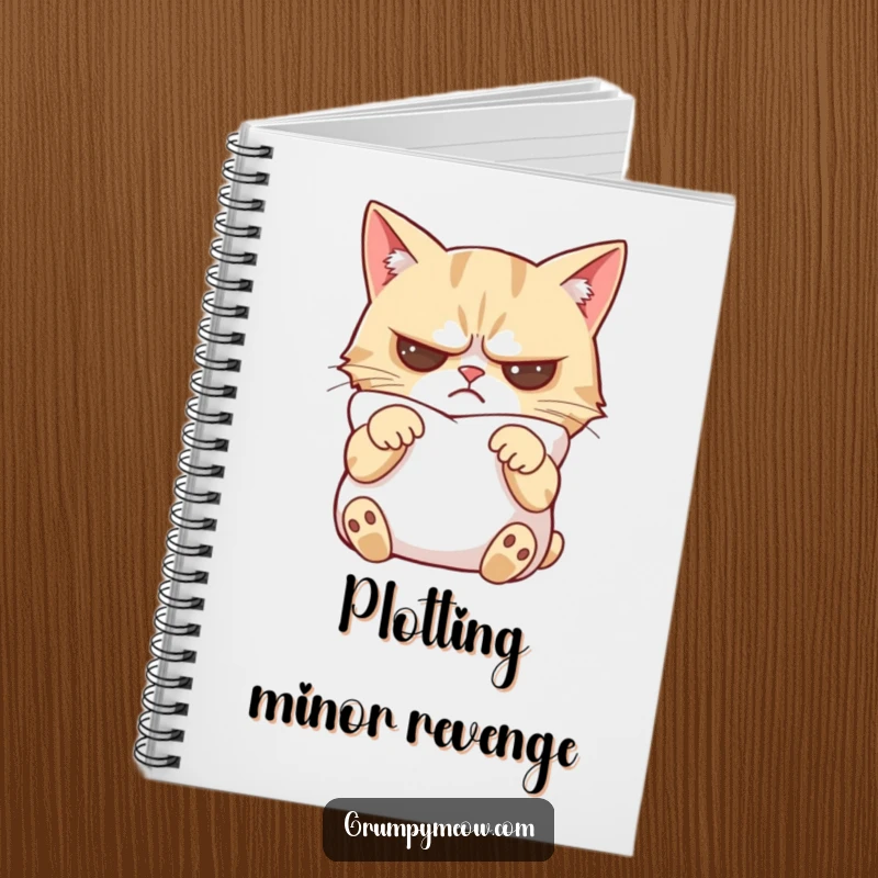 Funny grumpy cat notebook featuring a cat with crossed paws, looking slightly mollified by a soft pillow, for note-taking.