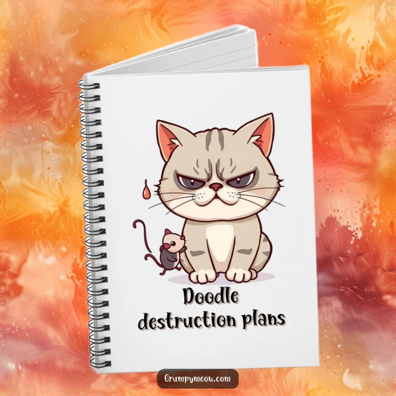 Funny notebook with a grumpy cat playfully swatting at a dangling toy mouse, perfect for jotting down all your fun thoughts.