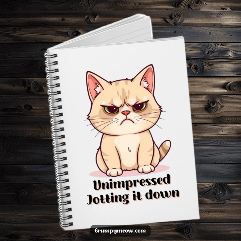 Funny grumpy cat notebook with a cat unimpressed by a shiny object, perfect for jotting down cynical thoughts.