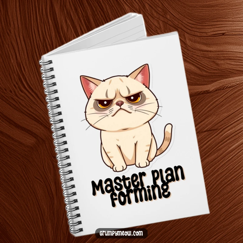Funny grumpy cat notebook featuring a cat with a tiny, almost imperceptible tail twitch, perfect for jotting notes.