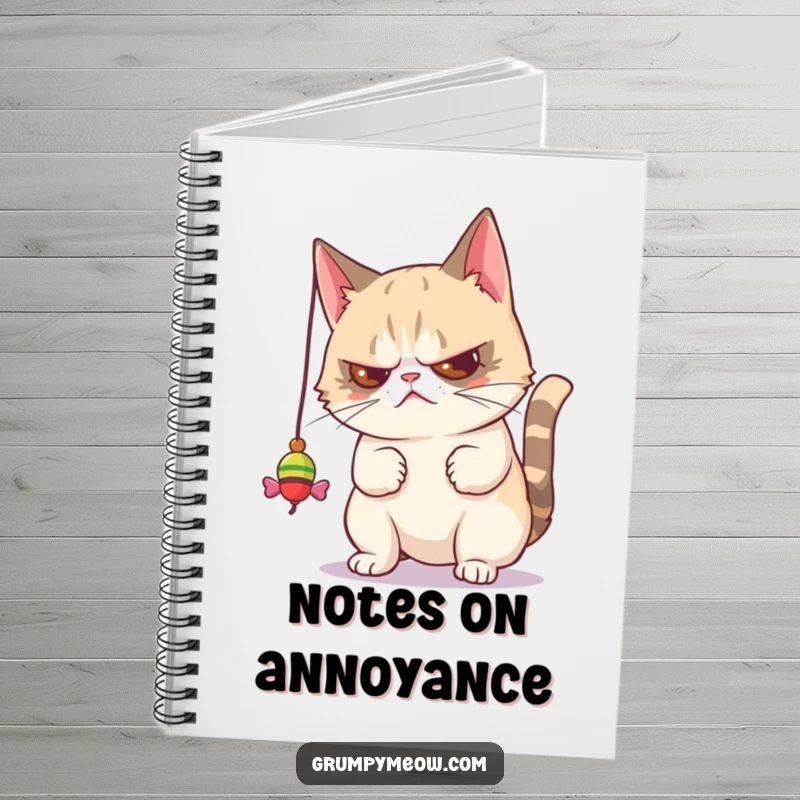 Funny notebook with a grumpy cat batting a toy disdainfully, perfect for jotting down notes with a humorous, unimpressed feline vibe.