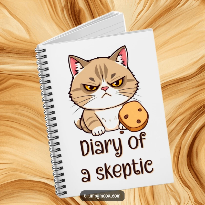 Funny notebook with a grumpy cat suspiciously eyeing a tempting treat, perfect for noting down all your food-related plans.