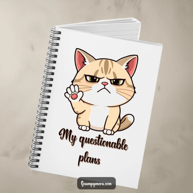 Funny grumpy cat notebook with a cat showing a furrowed brow, attempting a cheerful wave with underlying grumpiness.