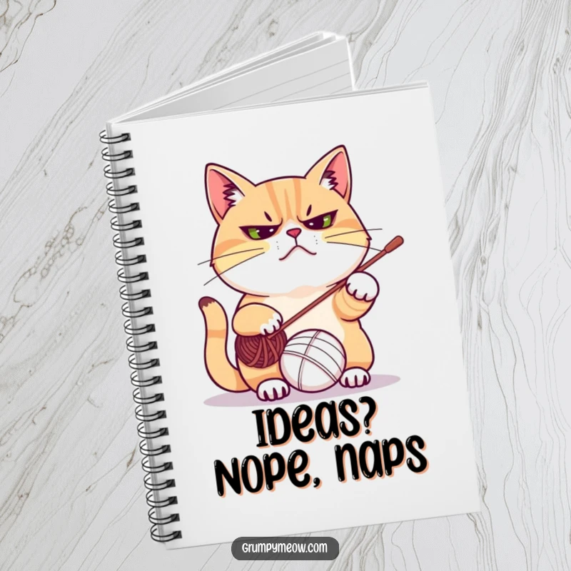 Funny notebook cover with a frowning cat mid-play with a yarn ball, perfect for jotting notes with a humorous, grumpy twist.